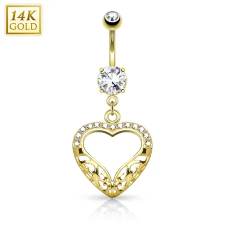 Piercing nombril Or jaune 14 carats coeur filigrane