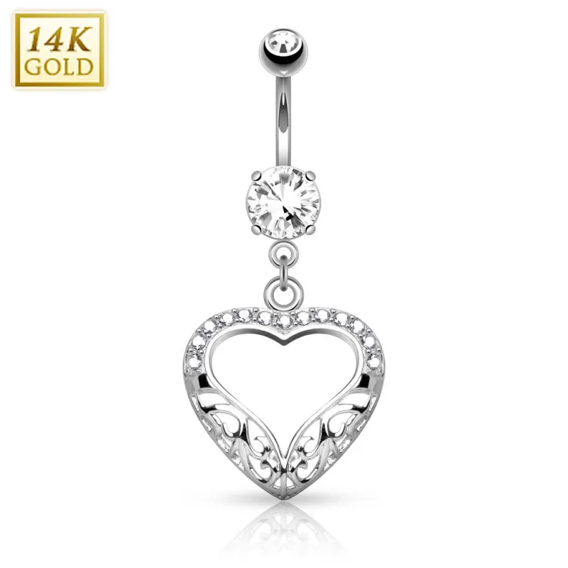 Piercing nombril Or blanc 14 carats coeur filigrane