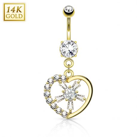 Piercing nombril Or jaune 14 carats coeur rayons