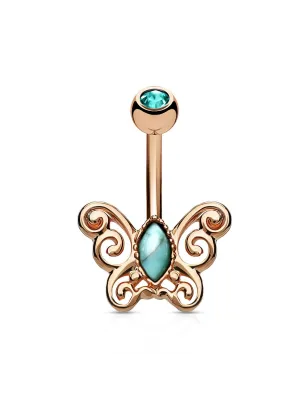 Piercing nombril papillon filigrane or rose