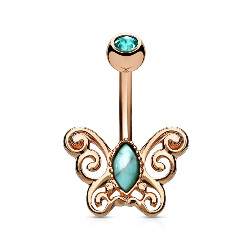 Piercing nombril papillon filigrane or rose
