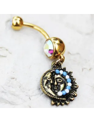 Piercing nombril plaqué or soleil et lune maya