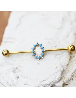 Piercing industriel plaqué or opale blanche