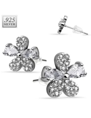 Paire boucles d'oreille argent fleur pavée