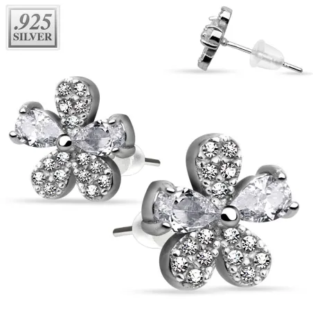 Paire boucles d'oreille argent fleur pavée