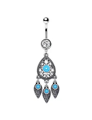 Piercing nombril larme et plumes turquoise