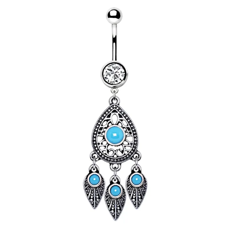Piercing nombril larme et plumes turquoise