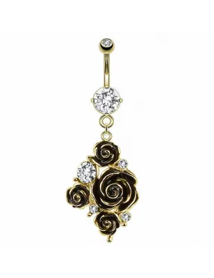 Piercing nombril plaqué or fleurs gemme blanc