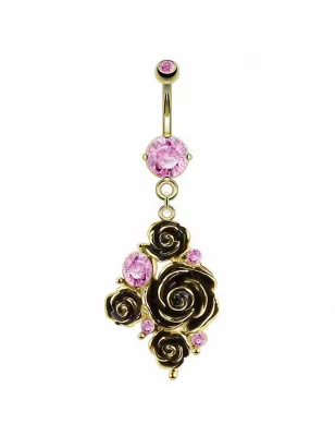 Piercing nombril plaqué or fleurs gemme rose