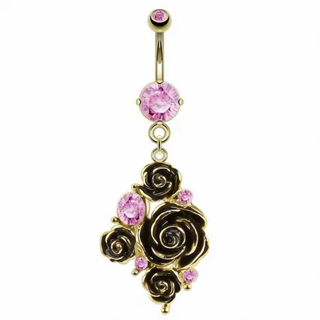 Piercing nombril plaqué or fleurs gemme rose