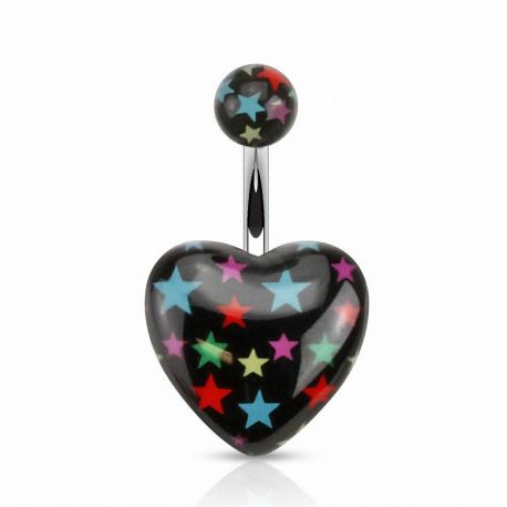 Piercing nombril cœur acrylique noir étoiles
