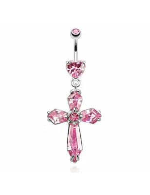 Piercing nombril cœur et croix rose
