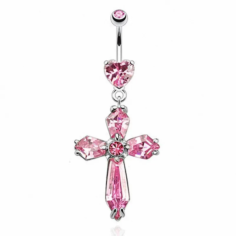 Piercing nombril cœur et croix rose