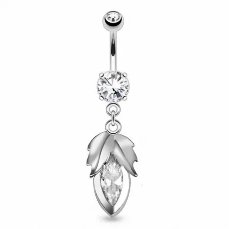 Piercing nombril 8 mm feuille et pierre blanche