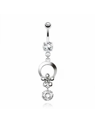 Piercing nombril 8 mm fleur et pierre blanche