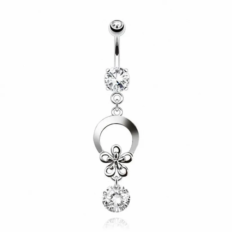 Piercing nombril 8 mm fleur et pierre blanche
