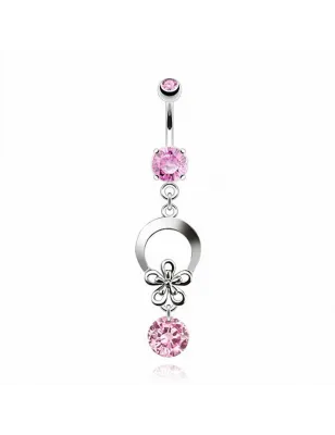 Piercing nombril 8 mm fleur et pierre rose
