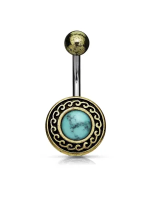 Piercing nombril bouclier tribal doré turquoise
