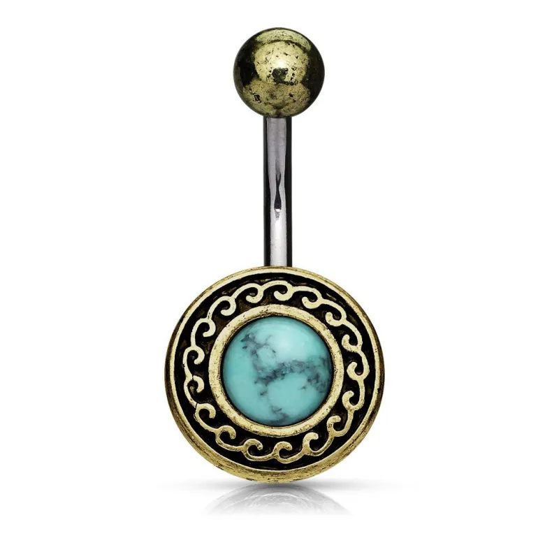Piercing nombril bouclier tribal doré turquoise