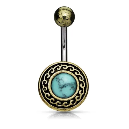 Piercing nombril bouclier tribal doré turquoise