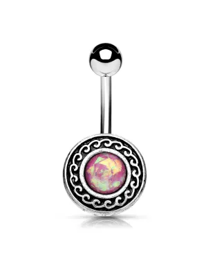 Piercing nombril bouclier tribal opale rose