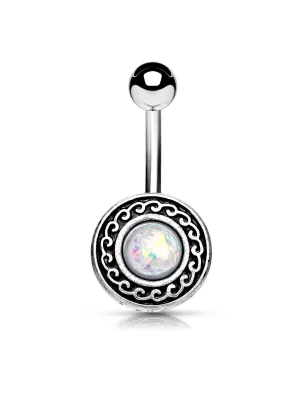 Piercing nombril bouclier tribal opale blanche