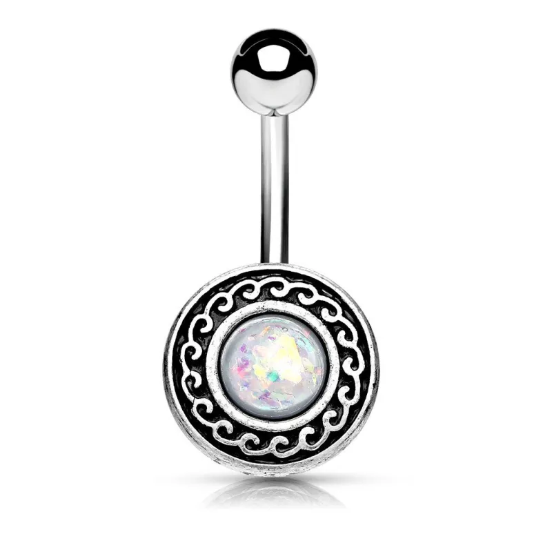 Piercing nombril bouclier tribal opale blanche