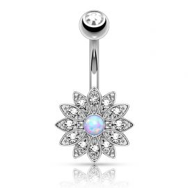 Piercing nombril petite fleur opale argenté