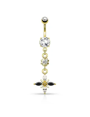Piercing nombril strass noirs et blancs plaqué or
