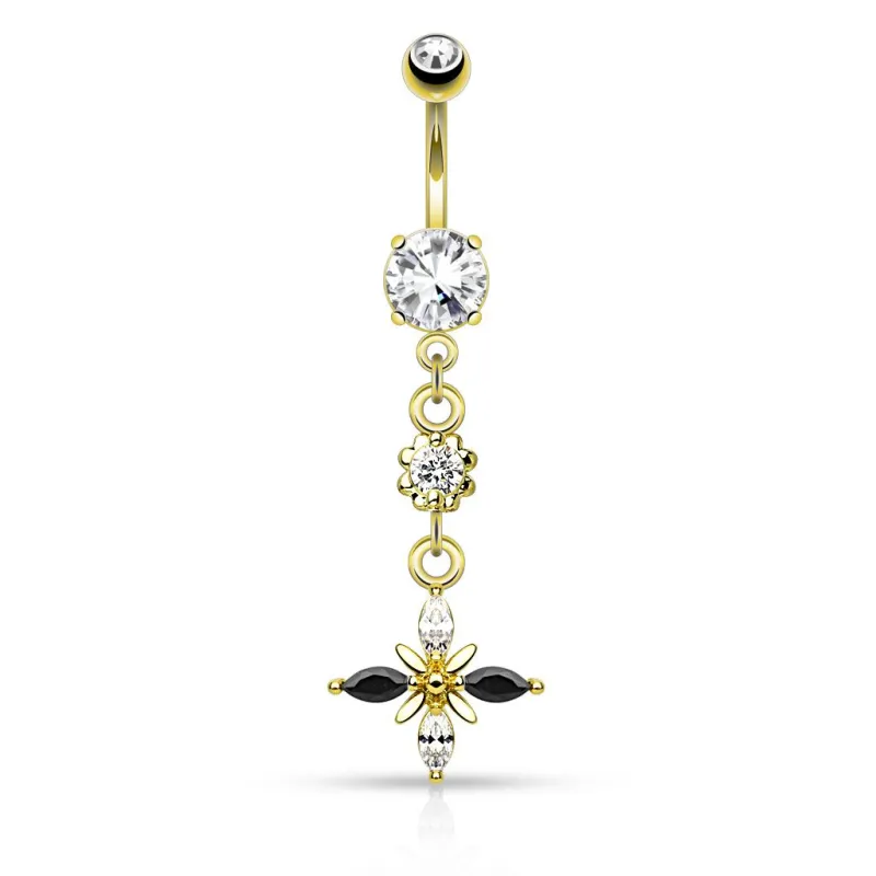 Piercing nombril strass noirs et blancs plaqué or