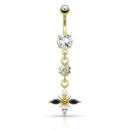 Piercing nombril strass noirs et blancs plaqué or