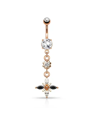 Piercing nombril strass noirs et blancs or rose