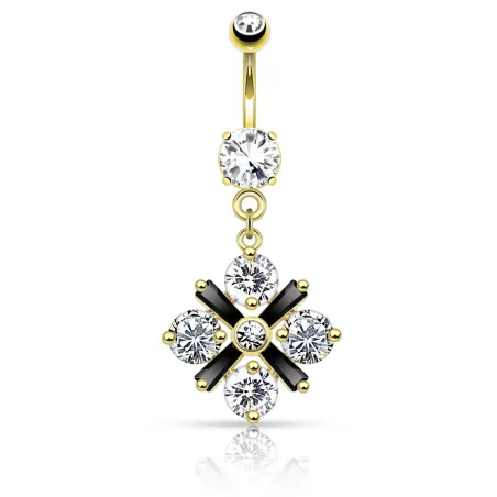 Piercing nombril fleur centre noir plaqué or