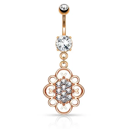 Piercing nombril pendentif ovale filigrane or rose