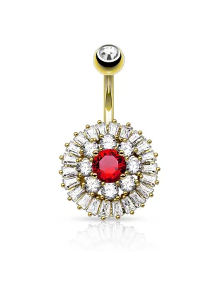 Piercing nombril plaqué or cercle gemmes pierre rouge