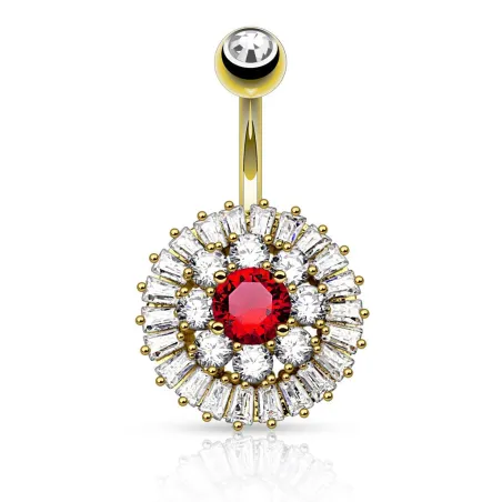 Piercing nombril plaqué or cercle gemmes pierre rouge
