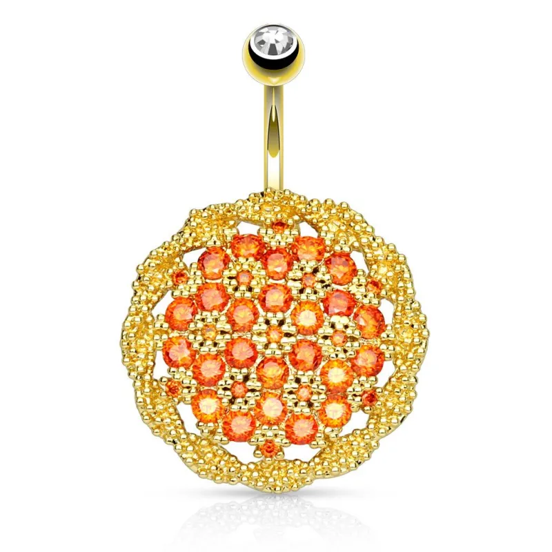 Piercing nombril bouclier floral plaqué or