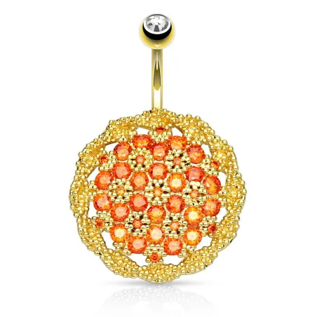Piercing nombril bouclier floral plaqué or