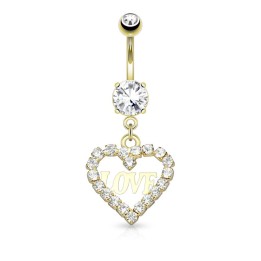 Piercing nombril pendentif cœur et love plaqué or
