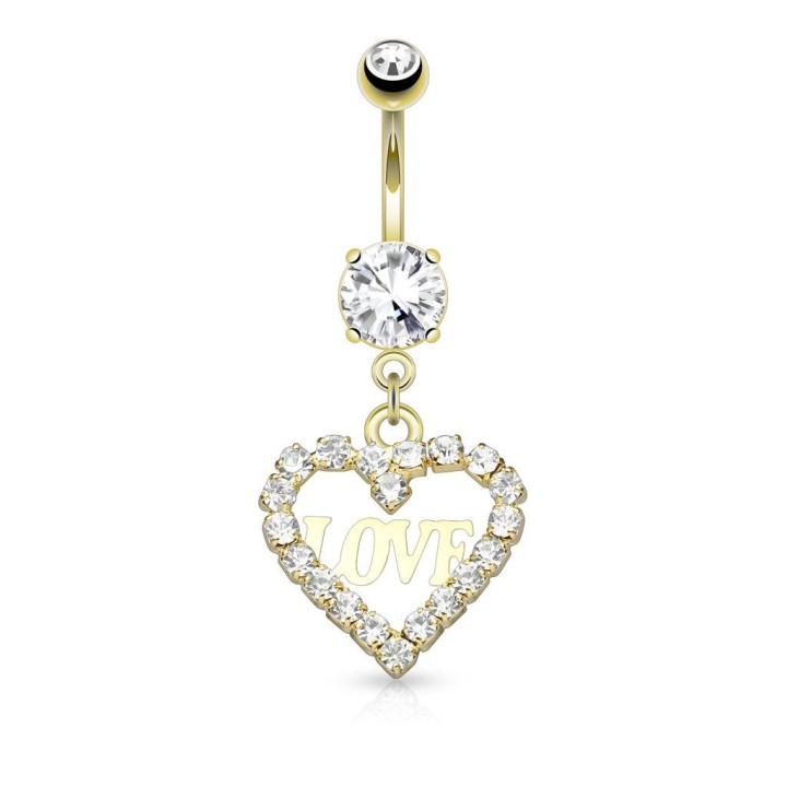 Piercing nombril pendentif cœur et love plaqué or