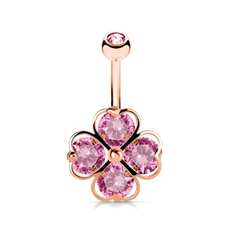 Piercing nombril trèfle 4 cœurs or rose