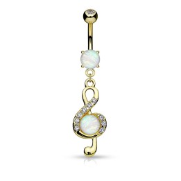 Piercing nombril clef de sol opale plaqué or