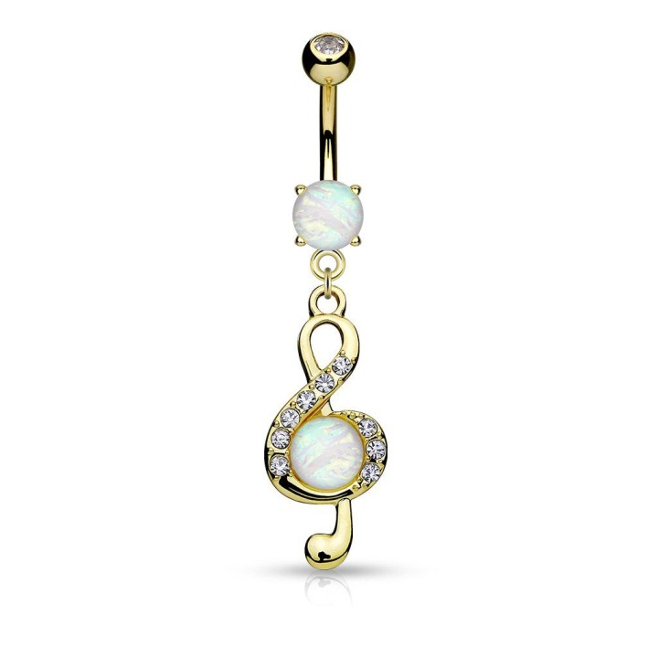 Piercing nombril clef de sol opale plaqué or