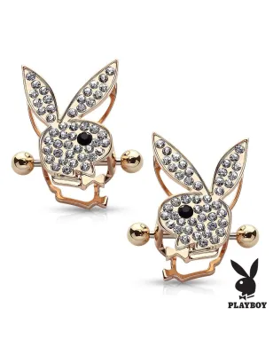 Paire de piercing téton bouclier Playboy gemmes plaqué or rose