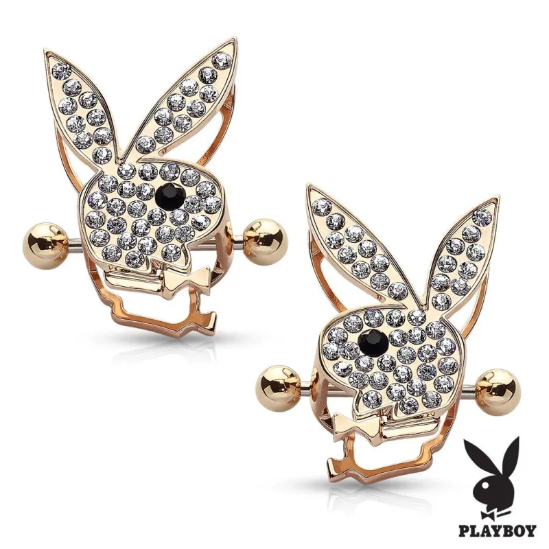 Paire de piercing téton bouclier Playboy gemmes plaqué or rose