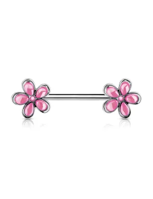 Piercing téton double fleurs rose