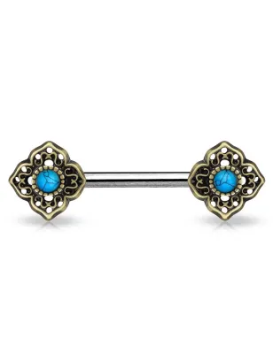 Piercing téton fleur tribale turquoise doré