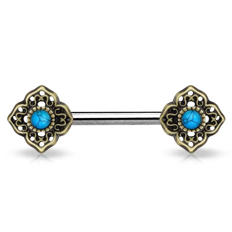 Piercing téton fleur tribale turquoise doré