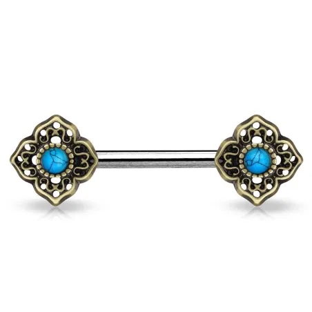 Piercing téton fleur tribale turquoise doré