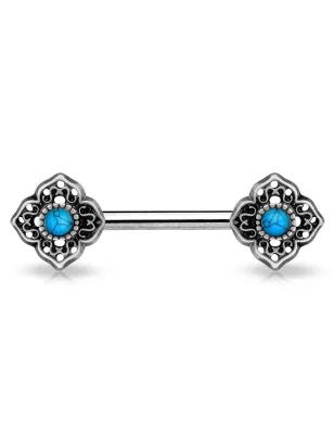 Piercing téton fleur tribale turquoise argenté